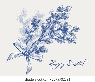 Easter Holiday background. Blooming bouquet branch willow with bow. Blue beige. Hand drawn illustration for design greeting card