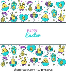 Easter holiday background, card, poster, banner concept in flat color line design with egg symbols, bunny and chicken signs, candle and air balloons. 