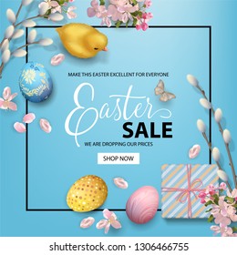 Easter holiday background with a chicken, eggs, willow branches, Apple blossoms and gifts