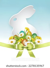 Easter Holiday Background with colofrul eggs in green grass and spring flowers and paper rabbit. Vector. 