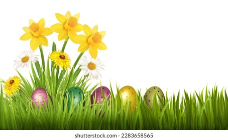 Easter Holiday Background. Colofrul eggs in green grass and  spring flowers. Vector.