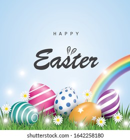 Easter holiday background with colorful Easter eggs,grass and white flower,vector design