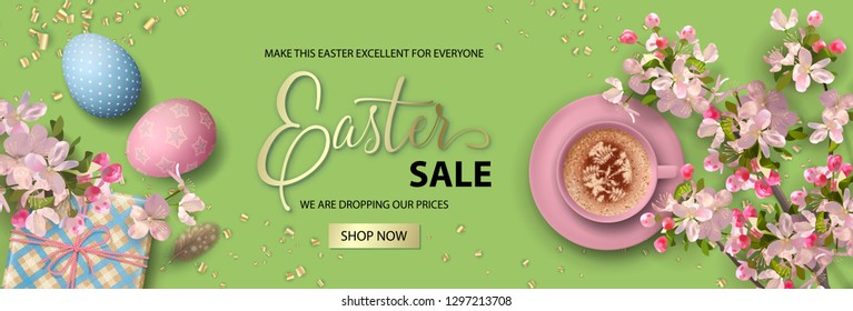 Easter holiday background with a cup of coffee, eggs and Apple blossoms