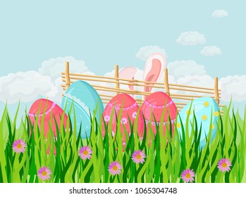 Easter holiday background with cute rabbit ears and eggs in the grass Vector illustration