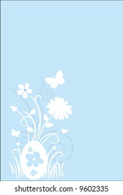 Easter holiday background: Decorated easter egg with flowers and foliage on pastel blue background (vector)