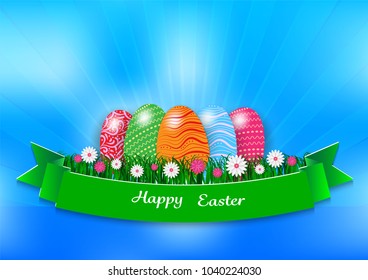 Easter holiday background with eggs and green grass on blue background, vector illustration.