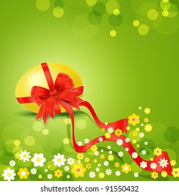 Easter holiday background with Easter eggs and red bow