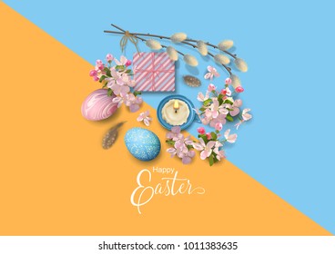 Easter holiday background with a gift, eggs, pussy willow branches, Apple blossoms, feathers. Vector top view illustration