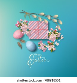Easter holiday background with a gift, eggs, pussy willow branches, Apple blossoms, feathers. Vector top view illustration