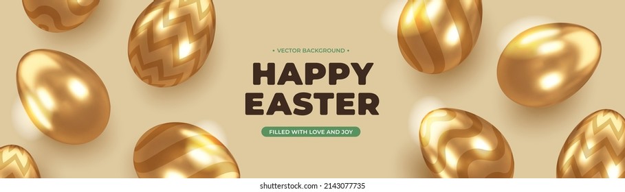 Easter Holiday background with gold glossy eggs. Vector illustration. 