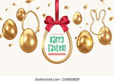 Easter Holiday background with golden decor elements. Golden egg frame for text. Vector illustration.