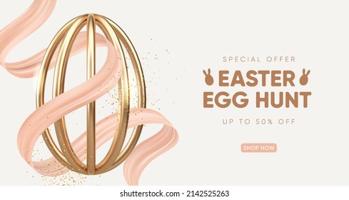 Easter Holiday Background With Golden Egg And Elegant Ribbon. Vector Illustration. 