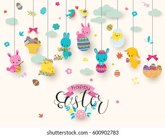 Easter Holiday Background With Hanging Bunny, Egg, Basket, Clouds, Vector Illustration