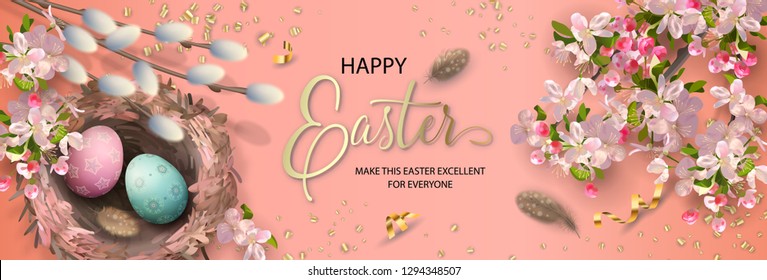 Easter holiday background with the nest, eggs, pussy willow branches, Apple blossoms, feathers