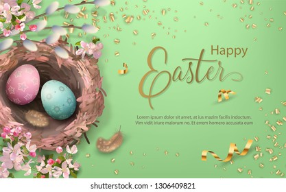Easter holiday background with the nest, eggs, willow branches, Apple blossoms, feathers