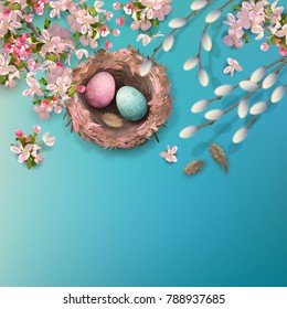 Easter holiday background with the nest, eggs, pussy willow branches, Apple blossoms, feathers. Vector top view illustration
