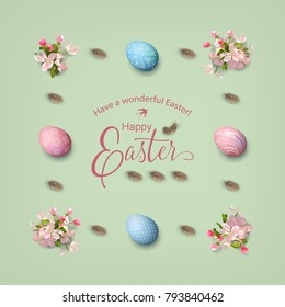 Easter holiday background with painted eggs, Apple blossoms, feathers. Vector top view illustration