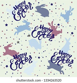 Easter holiday background seamless pattern with easter bunny, dots and stars. Hand drawing vector illustration