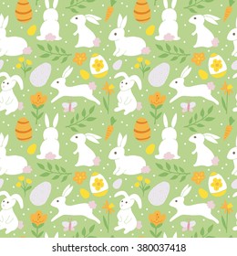 Easter holiday background seamless pattern with easter bunny. Hand drawing vector illustration