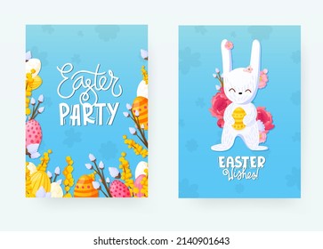 Hintergründe zu Ostern. Osterhasen, bemalte Eier und Blumen auf Vektorvorlagen.