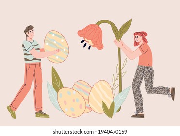 Easter holiday banner backdrop with people, easter eggs and flowers. Design for web banner, website or card, flat cartoon vector illustration.