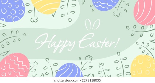 Easter holiday banner with colored and decorated eggs and text with cute rabbit ears, invitation, greeting card.