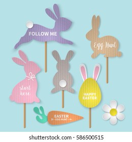 Easter holiday banner design with bunny and eggs cardboard paper silhouette. Realistic vector illustration