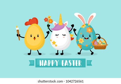 Easter holiday banner design with eggs bunny, chick and unicorn funny cartoon characters. Vector illustration