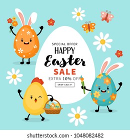 Easter holiday banner design with eggs bunny funny cartoon characters. Vector illustration