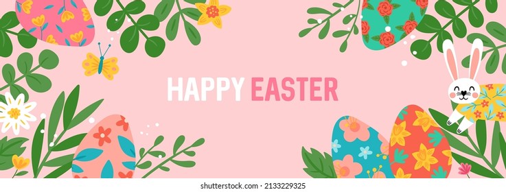 Easter holiday banner design with Easter eggs, green leaves and bunny. Greeting card template background