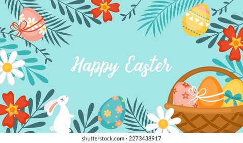 Easter holiday banner design with Easter eggs, spring flowers and basket. Greeting card template background. Vector illustration