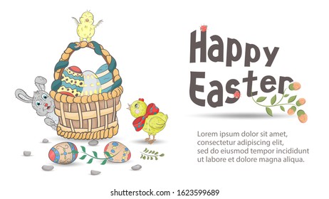 Easter holiday banner for design design a large basket with painted eggs, next to it chickens and a rabbit in the style, children's doodles, a place for text, vector EPS 10