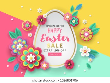 Easter holiday banner design with paper cut flowers and eggs decorations.
