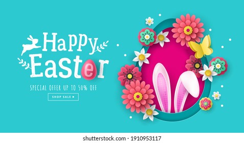 Easter holiday banner design with paper cut flowers and bunny ears decoration. Greeting card and poster design template