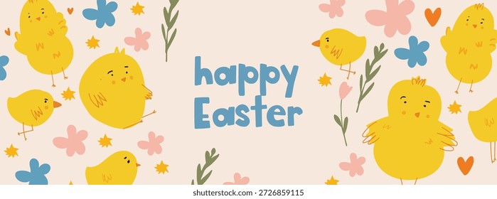 Anuncio de vacaciones de Pascua con pollitos amarillos, flores de primavera y Elementos decorativos sobre un fondo pastel claro con texto de Pascua feliz. Diseño de Vector Horizontal festivo adecuado para encabezados de Sitio web, cubiertas de redes sociales, tarjetas de felicitación, Plantillas por correo electrónico, promociones y publicidad de temporada.