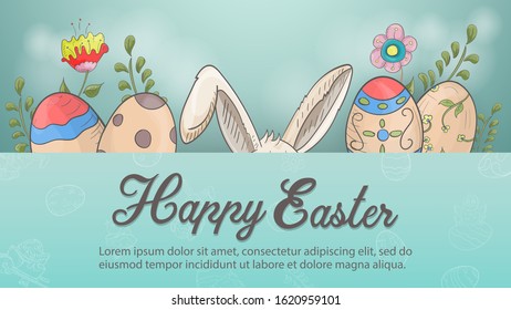 Easter holiday banner, greetings, rabbit ears, colored eggs flowers in the style of children's Doodle, greeting inscription, space for text, vector EPS 10