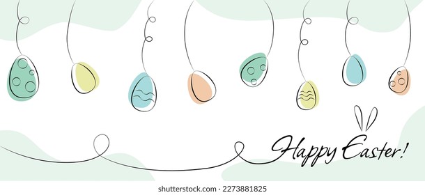 Easter holiday banner with hanging colored and decorated eggs and text with cute rabbit ears, invitation, greeting card.