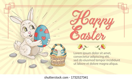 Easter holiday banner illustration with an inscription for greetings in the style of children's Doodle for design design, a rabbit holding a painted egg in a frame, vector EPS 10