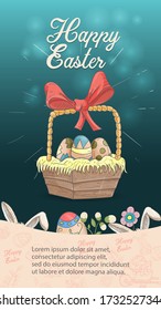 Easter holiday banner illustration with an inscription for congratulations in the style of children's doodles for design design, basket with colored eggs dark blue background rabbit ears, vector 