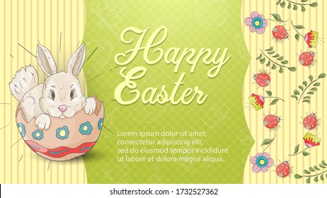 Easter holiday banner illustration with an inscription for greetings in the style of children's doodles for design design, a rabbit sitting in a painted egg background with flowers, vector EPS 10