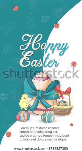 Easter holiday banner illustration with an\
inscription for congratulations in the style of children\'s doodles\
for design design, a painted egg with a bow on a blue white\
background is divided in\
half,