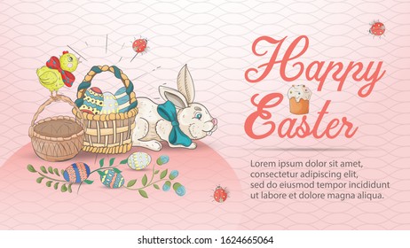 Easter holiday banner with the inscription congratulations, in the style of children's Doodle, a rabbit sitting next to two baskets for colored eggs, pink background, for design decoration 
