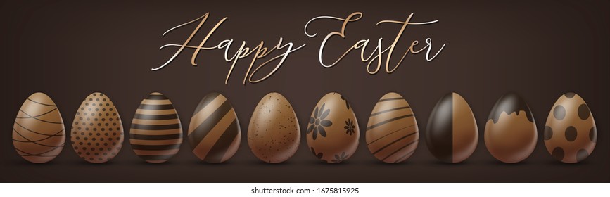 Easter holiday banner or newsletter header. Chocolate eggs set width dark ornament on brown background. Vector illustration with lettering.