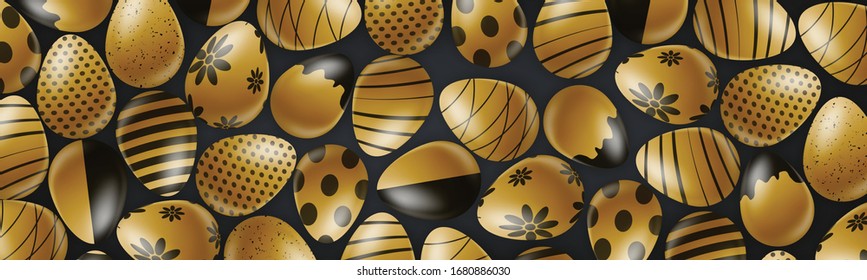 Easter holiday banner or newsletter header. Golden eggs set width black ornament top view. Vector illustration with lettering.