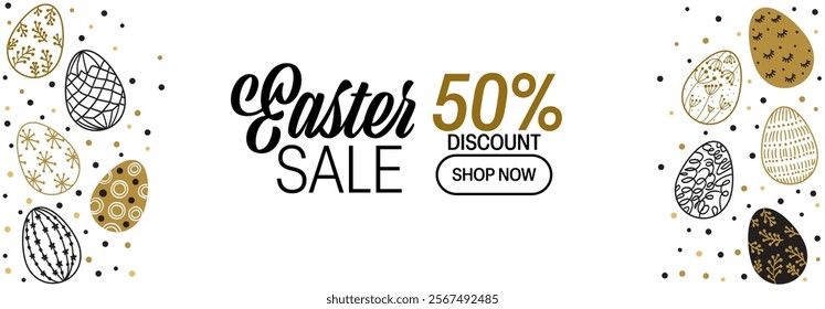 Easter holiday banner simple design. Black and gold colors. Spring sale announcement and flyer. Shopping.