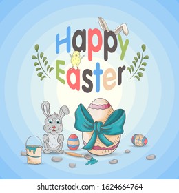 Easter holiday banner, in the style of children's Doodle, a small rabbit sitting next to painted eggs and a bucket of paint inscription greeting, blue background, for design decoration, vector EPS 10