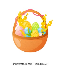 Easter holiday basket with bright colored eggs. Vector design element for greeting and advertising products.