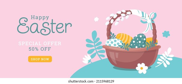 Easter holiday. Basket with colored eggs. Concept for an advertising banner. Vector image. 
