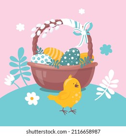 Easter holiday. Basket with colored eggs and chicken. Vector image. 