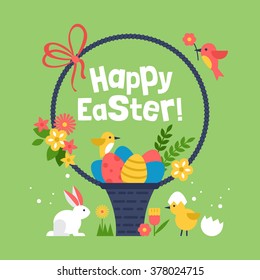 Easter holiday basket with eggs and easter bunny. Creative easter background. Vector illustration